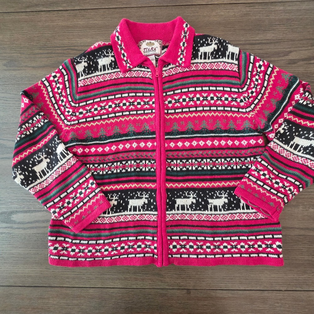 Tiara International Red Reindeer Fair Isle Full Zip Cardigan Sweater XL